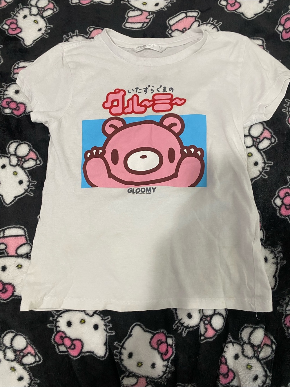 Urban Outfitters White Tee with Pink Bear Graphic and Blue Panel